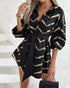 Bronzing Chevron Print Turn-down Collar Tied Detail Shirt Dress black