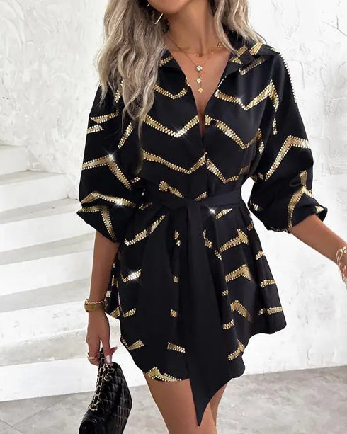 Bronzing Chevron Print Turn-down Collar Tied Detail Shirt Dress black