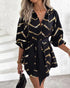 Bronzing Chevron Print Turn-down Collar Tied Detail Shirt Dress black
