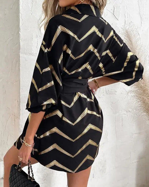 Bronzing Chevron Print Turn-down Collar Tied Detail Shirt Dress black