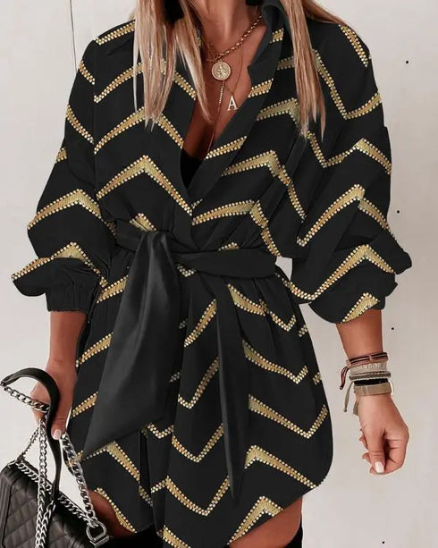Bronzing Chevron Print Turn-down Collar Tied Detail Shirt Dress black
