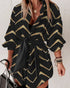Bronzing Chevron Print Turn-down Collar Tied Detail Shirt Dress black