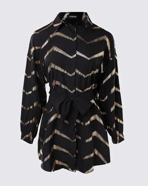 Bronzing Chevron Print Turn-down Collar Tied Detail Shirt Dress black