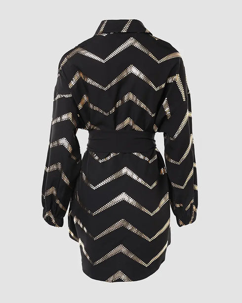 Bronzing Chevron Print Turn-down Collar Tied Detail Shirt Dress black