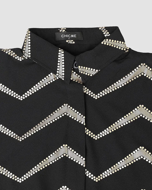 Bronzing Chevron Print Turn-down Collar Tied Detail Shirt Dress black