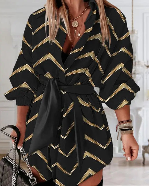 Bronzing Chevron Print Turn-down Collar Tied Detail Shirt Dress black