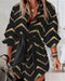Bronzing Chevron Print Turn-down Collar Tied Detail Shirt Dress black
