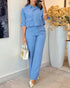 2 Pieces Outfit Turn-down Collar Turn-Up Sleeves Button Front Flap Pockets Design Top and Causal Zipper Fly Elastic Back Waist Wide Leg Pants Set blue