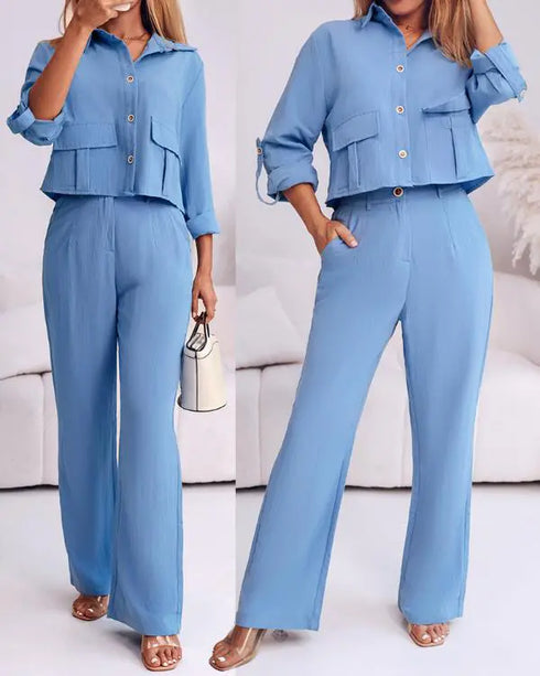2 Pieces Outfit Turn-down Collar Turn-Up Sleeves Button Front Flap Pockets Design Top and Causal Zipper Fly Elastic Back Waist Wide Leg Pants Set blue
