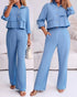 2 Pieces Outfit Turn-down Collar Turn-Up Sleeves Button Front Flap Pockets Design Top and Causal Zipper Fly Elastic Back Waist Wide Leg Pants Set blue