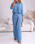 2 Pieces Outfit Turn-down Collar Turn-Up Sleeves Button Front Flap Pockets Design Top and Causal Zipper Fly Elastic Back Waist Wide Leg Pants Set blue