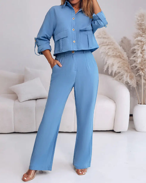 2 Pieces Outfit Turn-down Collar Turn-Up Sleeves Button Front Flap Pockets Design Top and Causal Zipper Fly Elastic Back Waist Wide Leg Pants Set blue