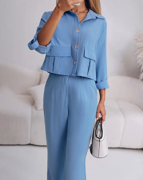 2 Pieces Outfit Turn-down Collar Turn-Up Sleeves Button Front Flap Pockets Design Top and Causal Zipper Fly Elastic Back Waist Wide Leg Pants Set blue