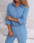 2 Pieces Outfit Turn-down Collar Turn-Up Sleeves Button Front Flap Pockets Design Top and Causal Zipper Fly Elastic Back Waist Wide Leg Pants Set blue