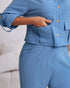 2 Pieces Outfit Turn-down Collar Turn-Up Sleeves Button Front Flap Pockets Design Top and Causal Zipper Fly Elastic Back Waist Wide Leg Pants Set blue