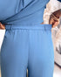 2 Pieces Outfit Turn-down Collar Turn-Up Sleeves Button Front Flap Pockets Design Top and Causal Zipper Fly Elastic Back Waist Wide Leg Pants Set blue