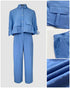 2 Pieces Outfit Turn-down Collar Turn-Up Sleeves Button Front Flap Pockets Design Top and Causal Zipper Fly Elastic Back Waist Wide Leg Pants Set blue