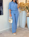 2 Pieces Outfit Turn-down Collar Turn-Up Sleeves Button Front Flap Pockets Design Top and Causal Zipper Fly Elastic Back Waist Wide Leg Pants Set blue