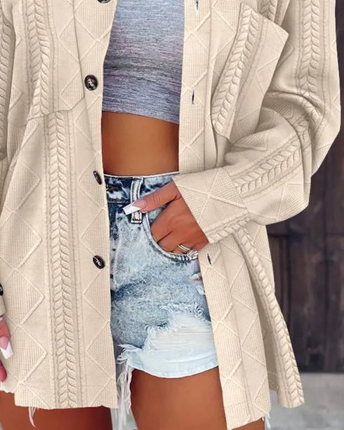 Turn-down Collar Button Front Drop Shoulder Jacket Casual Pockets Design Argyle & Cable Textured Shirt Coat khaki