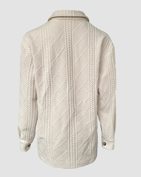 Turn-down Collar Button Front Drop Shoulder Jacket Casual Pockets Design Argyle & Cable Textured Shirt Coat khaki