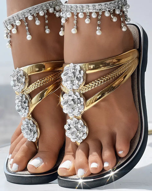 Rhinestone Floral Pattern Hollow Out Flip Flops Slippers gold