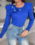 Floral Decor Ruffle Hem Pullover Knit Sweaters Long Sleeve Crewneck Tops blue
