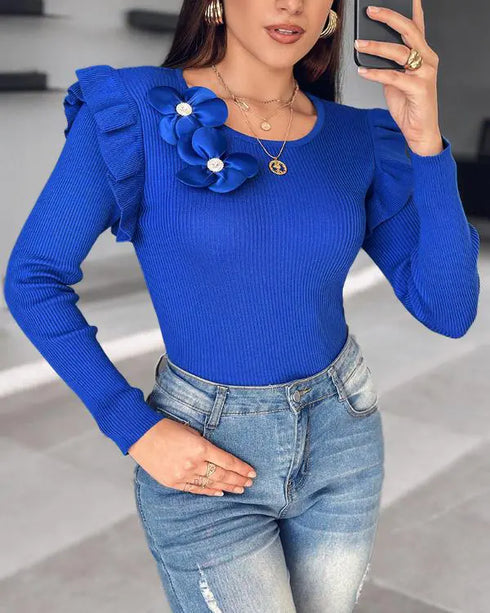 Floral Decor Ruffle Hem Pullover Knit Sweaters Long Sleeve Crewneck Tops blue