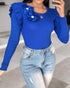 Floral Decor Ruffle Hem Pullover Knit Sweaters Long Sleeve Crewneck Tops blue