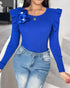 Floral Decor Ruffle Hem Pullover Knit Sweaters Long Sleeve Crewneck Tops blue