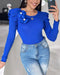 Floral Decor Ruffle Hem Pullover Knit Sweaters Long Sleeve Crewneck Tops blue