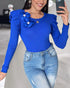 Floral Decor Ruffle Hem Pullover Knit Sweaters Long Sleeve Crewneck Tops blue