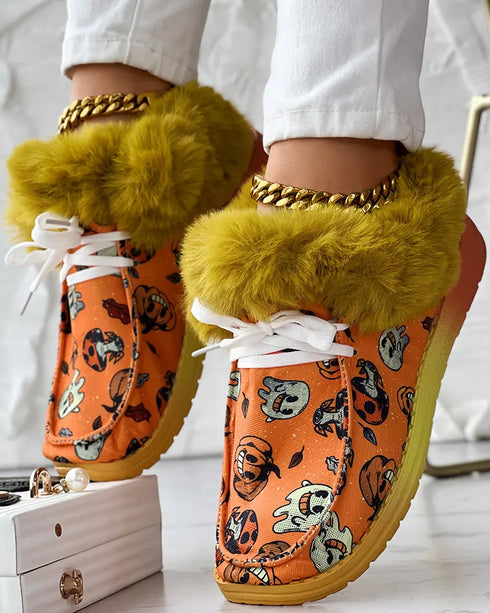 Halloween Pumpkin Graphic Print Lace-up Fuzzy Ankle Boots orange