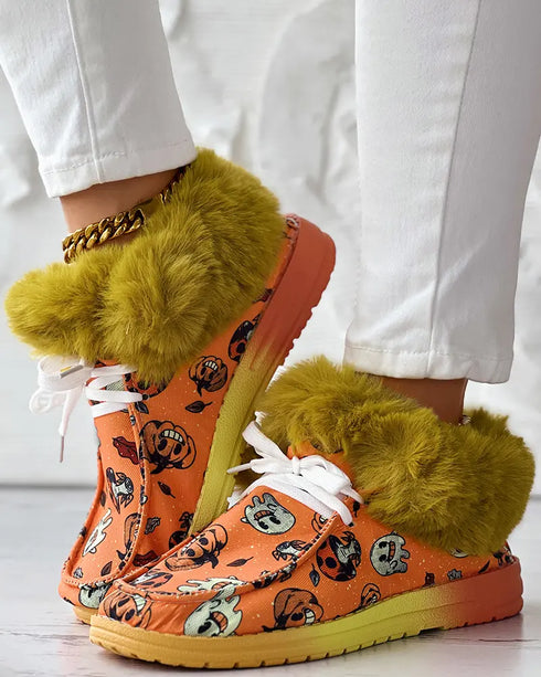 Halloween Pumpkin Graphic Print Lace-up Fuzzy Ankle Boots orange