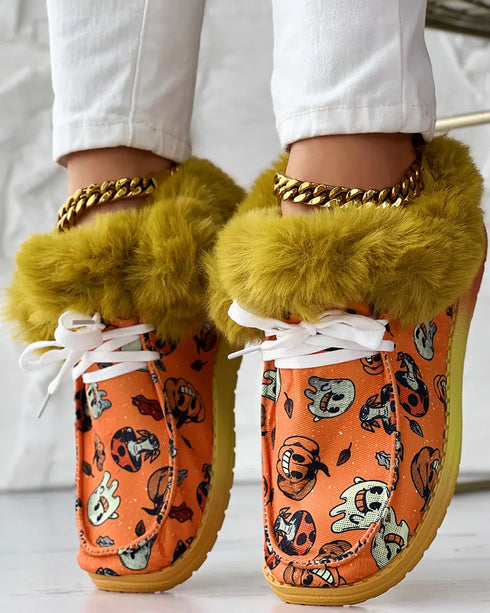 Halloween Pumpkin Graphic Print Lace-up Fuzzy Ankle Boots orange