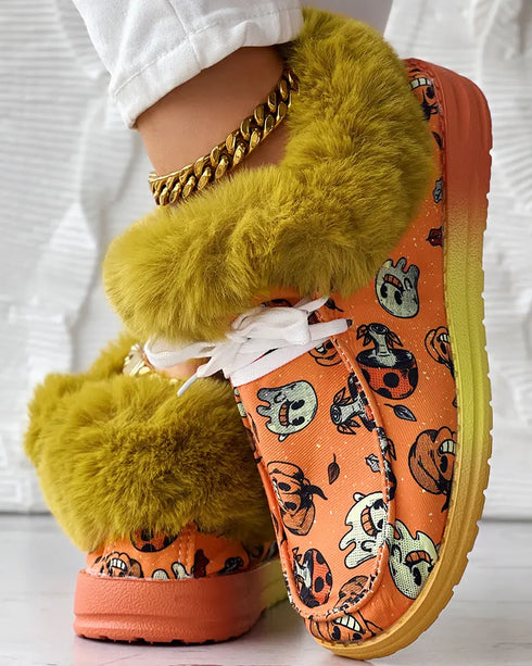 Halloween Pumpkin Graphic Print Lace-up Fuzzy Ankle Boots orange