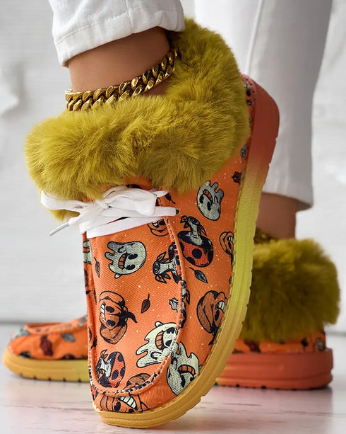 Halloween Pumpkin Graphic Print Lace-up Fuzzy Ankle Boots orange