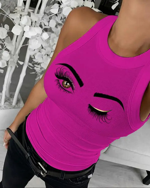 Eyelash Print Casual Tank Top rose red