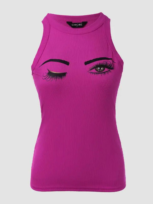 Eyelash Print Casual Tank Top rose red