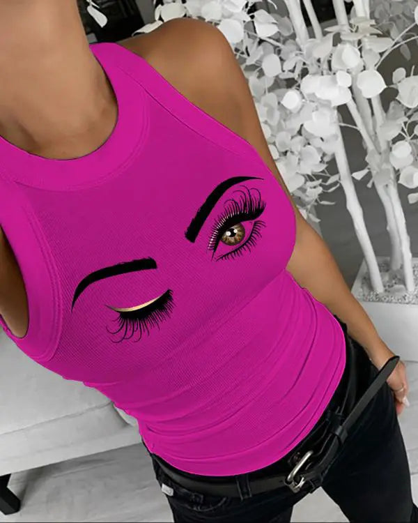 Eyelash Print Casual Tank Top rose red