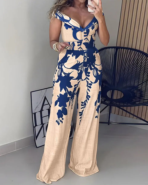 Floral Print Off Shoulder Sleeveless Deep V-Neck Jumpsuit Casual Zipper Side Wide Leg Jumpsuit blue