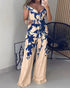 Floral Print Off Shoulder Sleeveless Deep V-Neck Jumpsuit Casual Zipper Side Wide Leg Jumpsuit blue