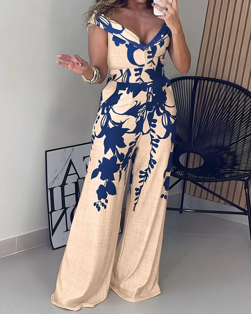 Floral Print Off Shoulder Sleeveless Deep V-Neck Jumpsuit Casual Zipper Side Wide Leg Jumpsuit blue