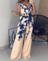 Floral Print Off Shoulder Sleeveless Deep V-Neck Jumpsuit Casual Zipper Side Wide Leg Jumpsuit blue