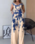 Floral Print Off Shoulder Sleeveless Deep V-Neck Jumpsuit Casual Zipper Side Wide Leg Jumpsuit blue