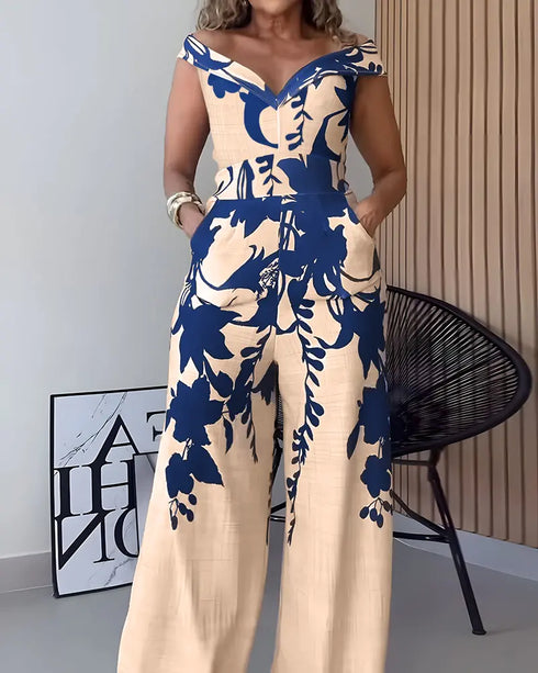 Floral Print Off Shoulder Sleeveless Deep V-Neck Jumpsuit Casual Zipper Side Wide Leg Jumpsuit blue