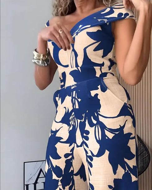 Floral Print Off Shoulder Sleeveless Deep V-Neck Jumpsuit Casual Zipper Side Wide Leg Jumpsuit blue