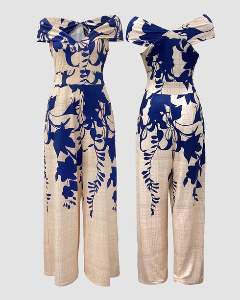 Floral Print Off Shoulder Sleeveless Deep V-Neck Jumpsuit Casual Zipper Side Wide Leg Jumpsuit blue