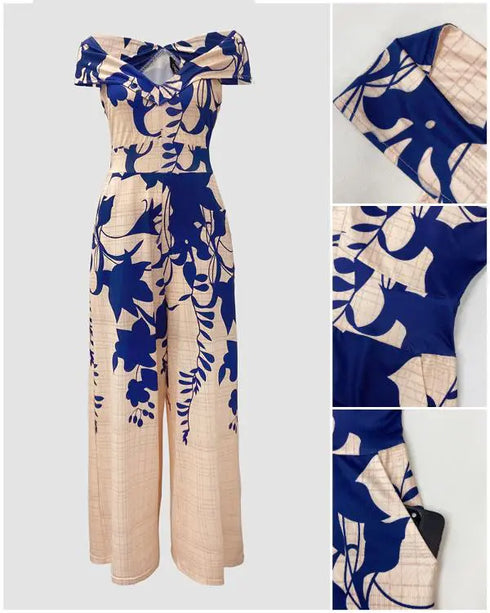 Floral Print Off Shoulder Sleeveless Deep V-Neck Jumpsuit Casual Zipper Side Wide Leg Jumpsuit blue