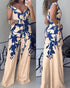 Floral Print Off Shoulder Sleeveless Deep V-Neck Jumpsuit Casual Zipper Side Wide Leg Jumpsuit blue