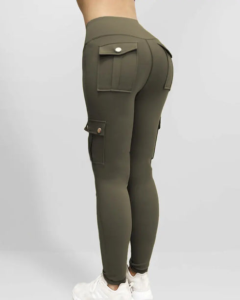 Butt Lifting Leggings with Flap Pockets High Waist Tummy Control Workout Cargo Pants Army green
